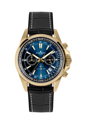 Jacques Lemans Armbanduhr mit Gehäuse aus Gold, blauem Chronographenzifferblatt, schwarzem Lederarmband und weißer Naht.