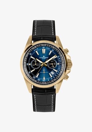 Jacques Lemans polshorloge met gouden kast, blauwe chronograafwijzerplaat, zwarte leren band en witte stiksels.