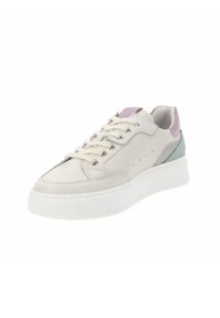 Jasnoszare sneakersy z białą podeszwą, z cholewką ze skóry, sznurowanym zapięciem oraz kontrastującymi akcentami w kolorze miętowym i lawendowym na pięcie.