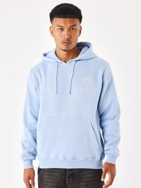 Felpa leggera blu con tasca frontale, cappuccio con cordino e design a cuore ricamato. Tessuto morbido con polsini e orlo a coste.