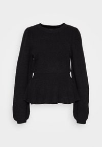 Schwarzer Strickpullover mit Rundhalsausschnitt, langen puffärmel und einem Peplum-Saum. Weicher Stoff mit einem leicht lockeren Schnitt.