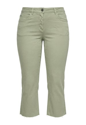 Vaaleanvihreät korkeavyötäröiset caprihousut, joissa on edessä nappi, vetoketju, vyölenkit, taskut ja raakojen reunojen helma.