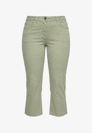 Lysegrønne højtaljede bukser i kort længde med forreste knap, lynlås, bæltestropper, lommer og rå kanter.