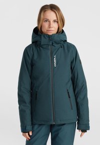 Dark teal waterproof jacket with a hood, front zipper, and adjustable cuffs. Features black zippered pockets and subtle textured pattern.