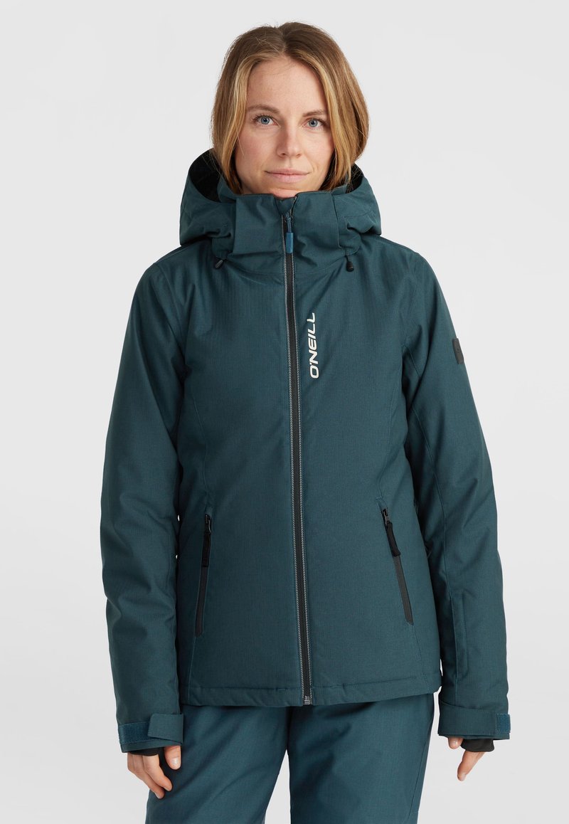 Dark teal waterproof jacket with a hood, front zipper, and adjustable cuffs. Features black zippered pockets and subtle textured pattern.
