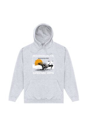 Hellgrauer Hoodie mit einer futuristischen Raumschiff-Grafik über einer orangefarbenen Sonne und dem Text "INTERGALACTIC SPECIAL OPS" auf der Vorderseite.