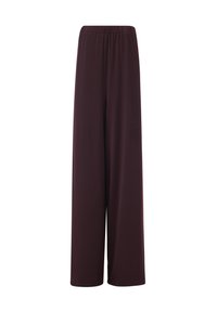 Pantalones de pierna ancha burdeos con una tela suave, que cuentan con una cinturilla elástica y sin bolsillos visibles ni adornos.