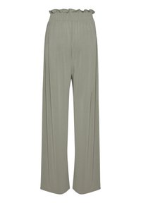 Light gray wide-leg pants featuring a ruffled elastic waistband and soft, smooth fabric with a relaxed fit.