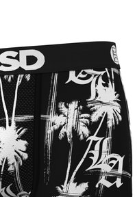 Black and white men's boxer shorts featuring a palm tree pattern, breathable mesh sections, and a black waistband with white lettering.