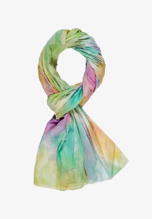 Leichte, transparente Schal mit einem Farbverlauf in Pastelltönen: Grün, Blau, Lila und Orange. Fließender Stoff mit einer sanften Textur.