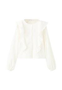 Blusa bianca a maniche lunghe con tessuto testurizzato, caratterizzata da un collo rotondo e dettagli arricciati sul davanti, chiusa con bottoni al centro.