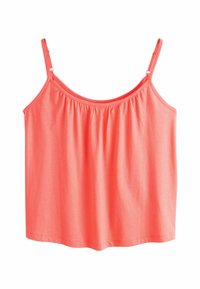 Koralų spalvos rankovių neturintis viršus iš minkštos medžiagos, su surinktu dizainu ties iškirpte ir reguliuojamomis plonomis petnešėlėmis.