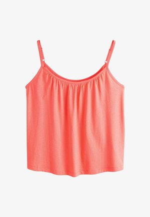 Korallfärgad ärmlös topp av mjukt tyg, med en rynkad design längs halsringningen och justerbara smala axelband.