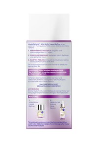 Packaging for Luminous630 Skin Glow Liquid Refiner. Purple and white box with product information, illustrations, and text detailing usage and effects.