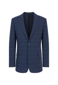 Granatowa marynarka w kratę, z klapami z wycięciem, pojedynczym zapięciem na guzik i dwoma przednimi kieszeniami. Gładka tekstura.