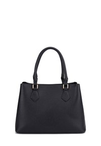 Borsa a tracolla in pelle nera con finitura testurizzata, dotata di doppi manici, dettagli in metallo dorato e forma strutturata.