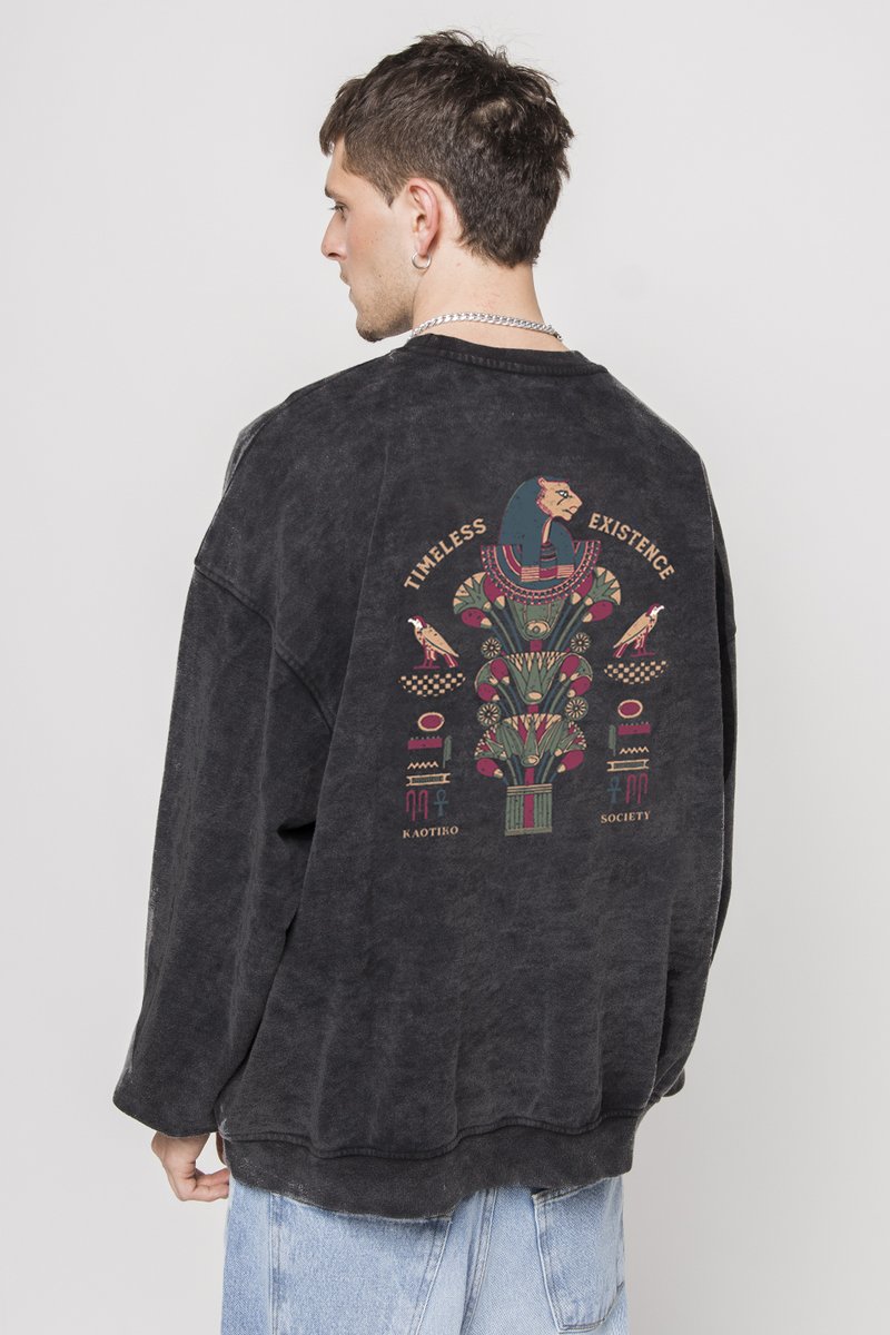 Sudadera negra de gran tamaño con un colorido gráfico en la parte posterior que presenta un diseño de aves y formas geométricas. Tejido de mezcla de algodón.