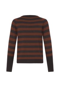 Pull à manches longues avec des rayures horizontales marron et marron foncé, poignets et ourlet marron foncé uni.