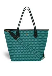 Tote taška v odtieni teal s geometrickým vzorom diamantu. Obsahuje čierne kožené akcenty, dvojité uchá a odnímateľný popruh. Zlatý logotyp.