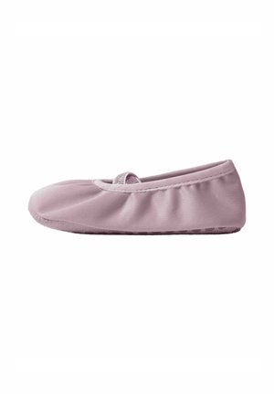 Soft pink ballet flat shoe with a gathered fabric design and an elastic strap across the top for secure fit, viewed from the side.