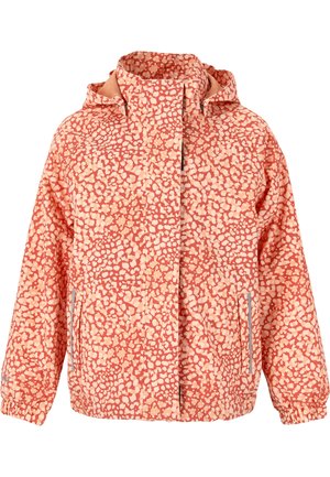 Leichtgewichtige Kapuzenjacke in Koralle mit einem cremefarbenen abstrakten Muster. Mit elastischen Bündchen und zwei seitlichen Reißverschlusstaschen. Strukturiertes Fabric-Finish.