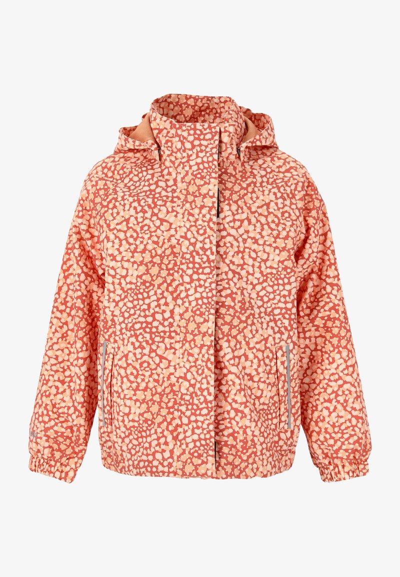 Lettet hættejakke i koralfarvet med et cremet abstrakt mønster. Har elastiske manchetter og to sidelommer med lynlås. Tekstureret stoffinish.
