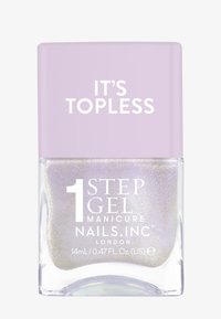 Neglelakkflaske med lavendelhette og glitrende lys lilla lakk. Etiketten leser "1 Step Gel Manicure Nails Inc. It's Topless." 14 ml størrelse.