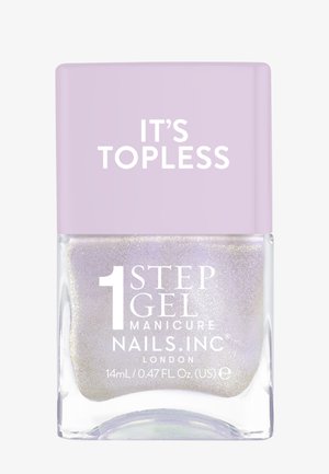 Flacon de vernis à ongles avec un capuchon lavande et un vernis léger violet pailleté. L'étiquette indique "Manucure Gel en 1 Étape Nails Inc. It's Topless." Taille de 14 ml.