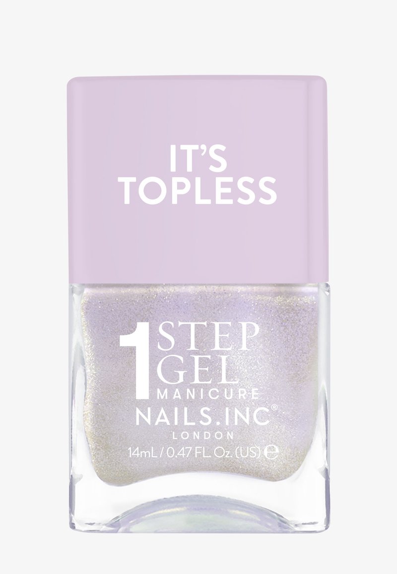 Neglelakkflaske med lavendelhette og glitrende lys lilla lakk. Etiketten leser "1 Step Gel Manicure Nails Inc. It's Topless." 14 ml størrelse.