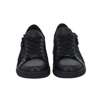 Pair of black leather sneakers with black laces and side zippers, viewed from the front against a white background.