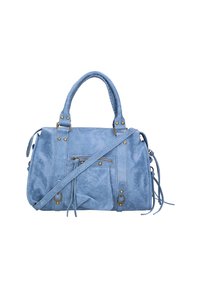 Borsa a tracolla in ecopelle blu con manici intrecciati, hardware color oro, tasca con zip frontale e dettagli frangiati laterali.