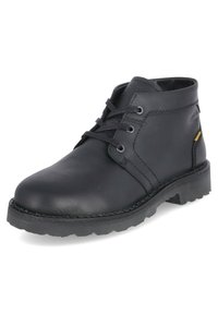 Schwarze Leder-Ankle-Boots mit abgerundetem Zeh, fünf Ösen für die Schnürung, gummierte, profilierte Sohle und dezenten gelben Akzent an der Seite.