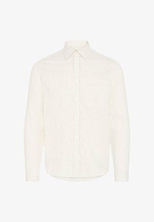 Ilgas rankovėmis, sagomis užsegama šviesios kreminės spalvos marškiniai su vertikaliomis juostelėmis. Turi smailų apykaklę, vieną krūtinės kišenę ir tekstūruotą audinį.