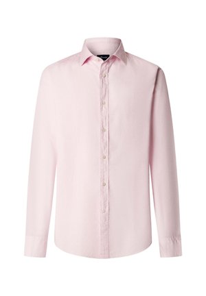 Lichtroze hemd met lange mouwen, knoopsluiting en een klassieke kraag, met zes zichtbare knopen aan de voorkant.