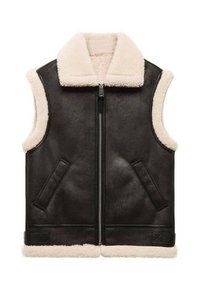 Gilet en cuir noir sans manches avec fermeture éclair à l'avant, poches latérales et doublure en peau lainée crème au niveau du col, des emmanchures et de l'ourlet.