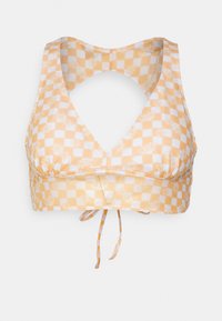 Top de biquíni em padrão xadrez amarelo e branco, apresentando um pescoço halter e fecho ajustável nas costas. Tecido suave com detalhes florais.