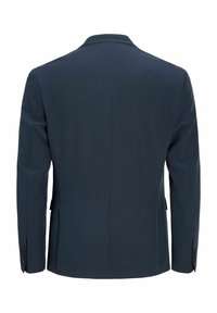 Veste blazer bleu marine cintrée vue de dos avec col cranté et poignets boutonnés.