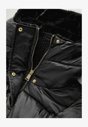 Schwarze Daunenjacke mit einem Kunstfellkragen, goldener Reißverschluss, Druckknöpfen und gestepptem Innenfutter.