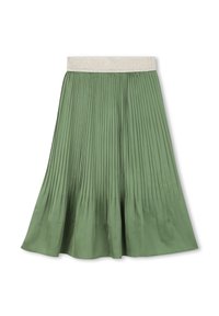 Πλισέ φούστα σε ανοιχτό πράσινο ύφασμα με ελαστική μέση που διαθέτει ασημένιο ΛΟΓΟΤΥΠΟ. Ομαλή υφή και ρέουσα σιλουέτα.