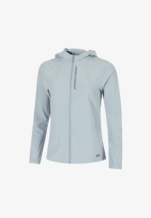 Veste à capuche zippée gris clair Under Armour avec de longues manches, des poignets élastiques et un logo vertical sur la zone du zip avant.