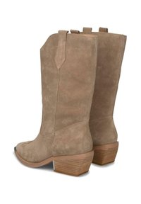 Stivali cowboy in suede color sabbia con tacco basso e impilato, cuciture decorative, linguette rinforzate e design della punta arrotondata.
