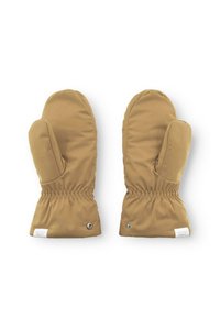 Beige isolierte Fäustlinge mit glatter Außenfläche, elastischen Bündchen und einem kleinen Etikett an der Seite. Entworfen für Wärme und Komfort.