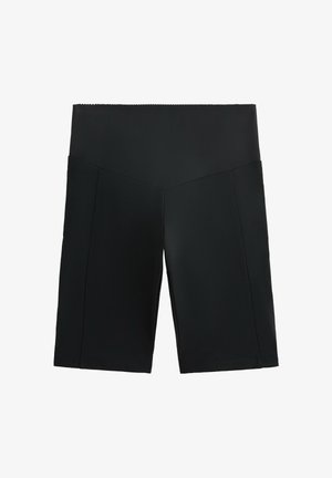 Zwarte sportshorts gemaakt van gladde, elastische stof. Voorzien van een brede tailleband en schuine zijzakken. Strakke lijnen en geen zichtbare sluitingen.