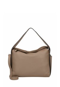 Borsa a mano in pelle beige con texture morbida, un manico superiore e una tracolla removibile. Caratterizzata da una chiusura con zip e bordi neri a contrasto.