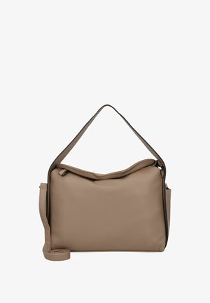 Sac à main en cuir beige avec une texture douce, une poignée supérieure et une bandoulière amovible. Il dispose d'une fermeture éclair et d'un liseré noir contrastant.