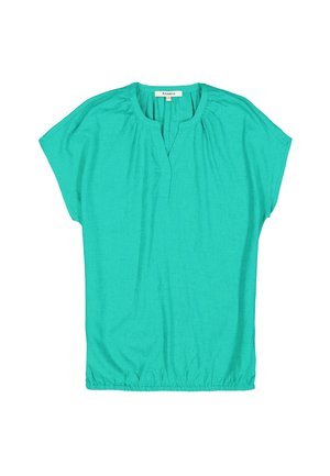 Haut turquoise en tissu léger, avec un décolleté en V, des manches courtes et une taille froncée pour une coupe décontractée.