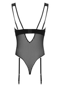 Bodysuit noir en voile avec des rayures blanches verticales, comportant une découpe en V, des bretelles réglables et des sangles porte-jarretelles. Texture lisse, design ajusté.