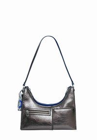 Metallikhall käekott kõverjoonelise kujuga, sinise tõmblukuga ja reguleeritava rihmaga. Omab kahte esimest taskut ja tekstuuriga pinda.