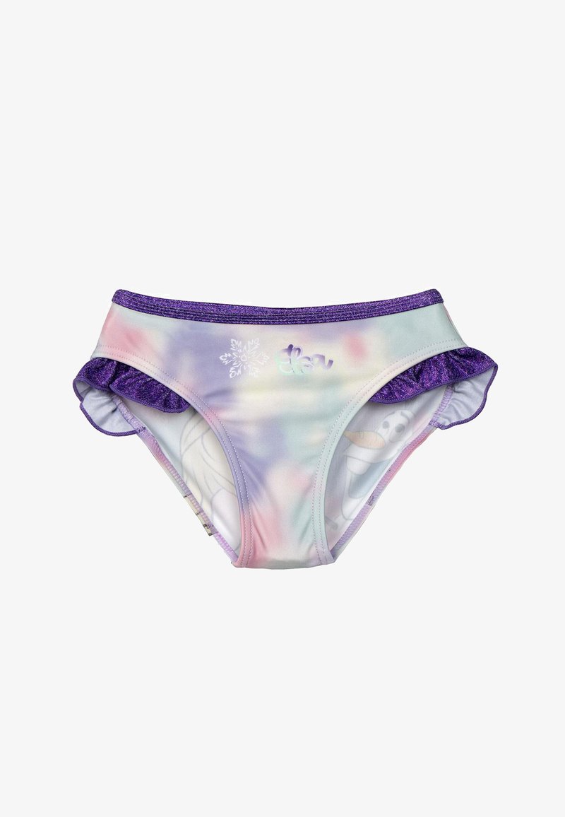 Badeanzug mit einem Verlauf in Pastellfarben, ausgestattet mit einem lila Bund und Rüschendetails, geschmückt mit einem Schneeflocken- und Cartoon-Charakter-Muster.