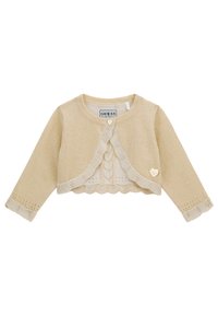 Cardigan a maglia color crema con maniche lunghe, orlo scallop e accent di hardware a forma di cuore. Presenta un motivo testurizzato lungo i polsini.